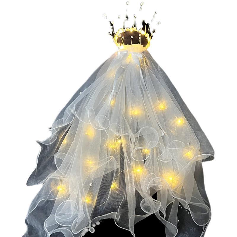 Beleuchteter Quasten-Krone-Schleier mit Perlen und Schleifen-Kopfschmuck
