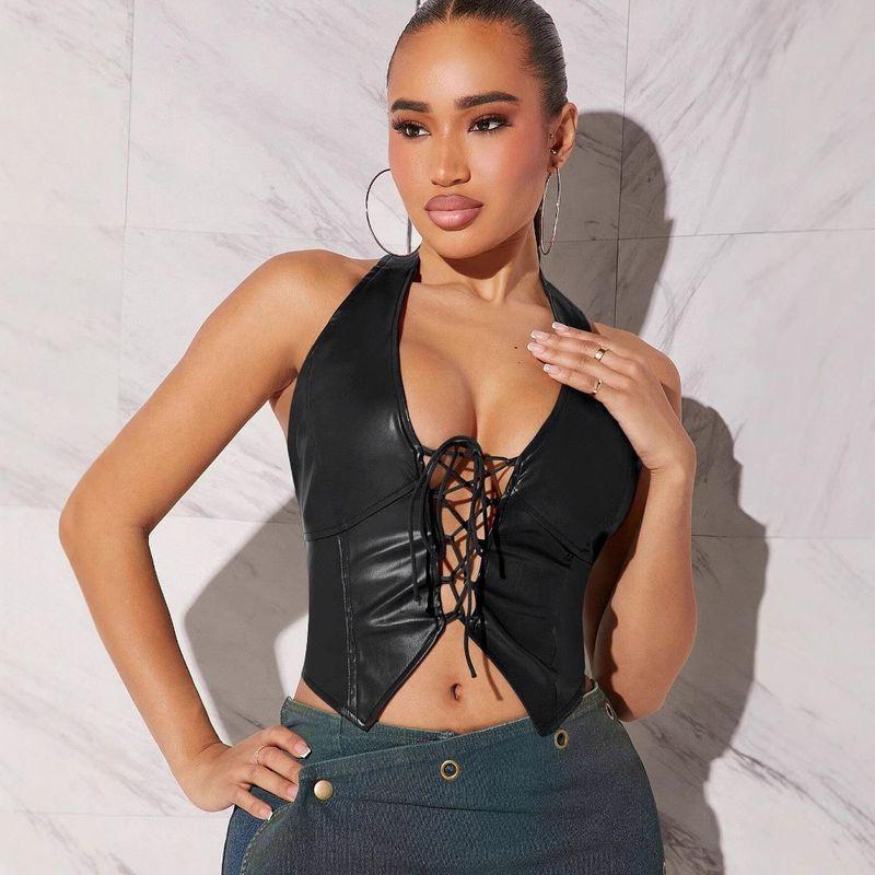 Export Summer Best Selling Sexy Lace-up Backless Pure Color Chest Cover Vest Leather Halterneck Elegant Sexy Tops