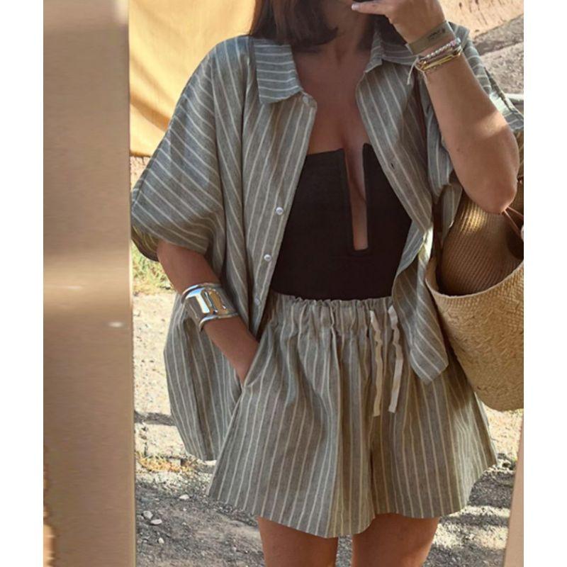 

Loose Casual Suit European and American 2025 Summer Women Stripe Shirts Pocket Shorts Loose Casual Set Gray M
