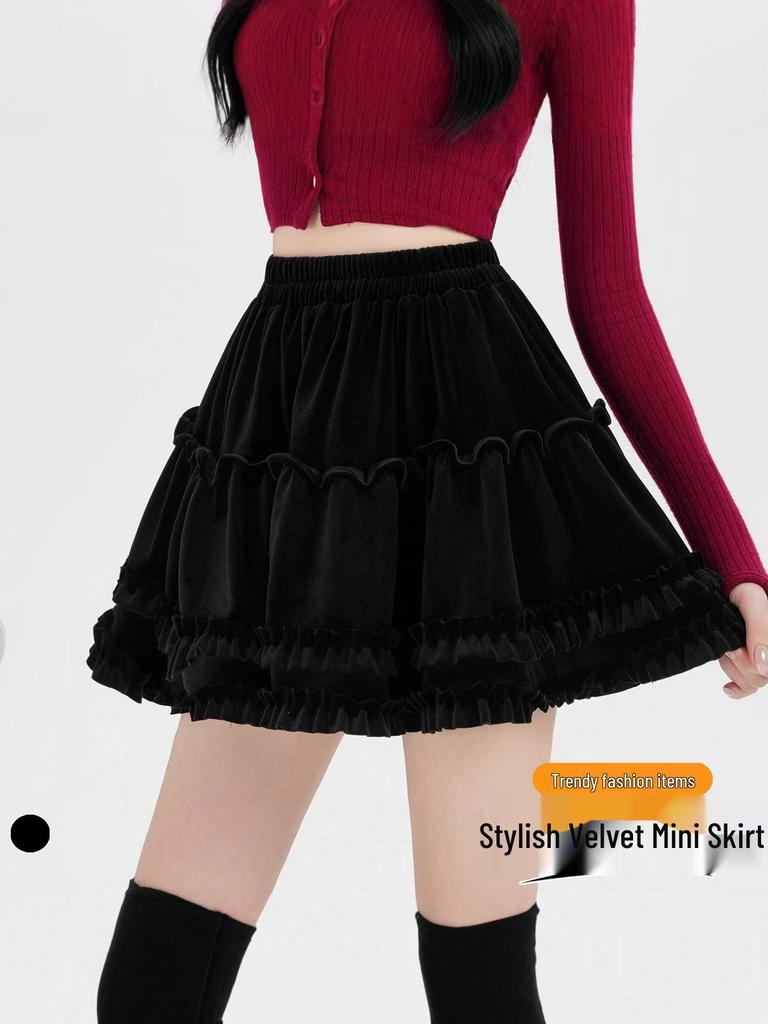 High-Waist Velvet A-Line Fluffy Skirt for Women - Autumn/Winter Collection