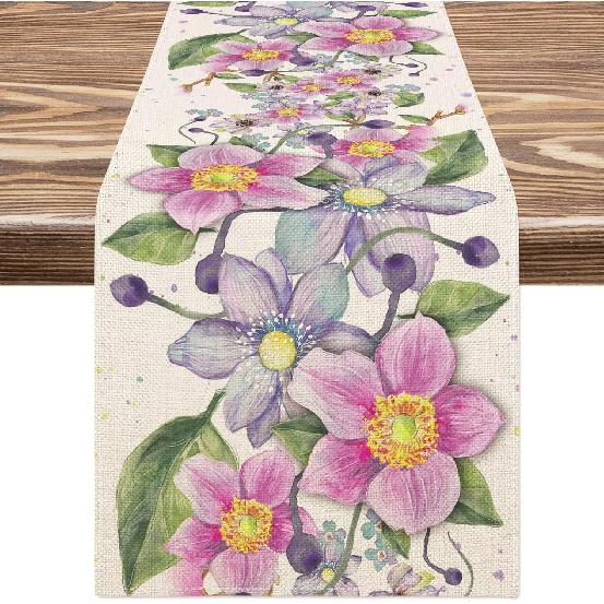 Floral Table Runner Watercolor Rose Flower Kitchen Dining Table Decor Vintage Spring Table Cover for Wedding Bridal Shower Indoor Outdoor, 13 x 72 Purple Pink Flower