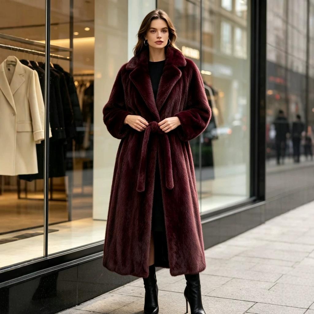 Chaqueta de Piel para Mujer Traje de Invierno Cuello Abrigo Largo Engrosado Cinturón Cintura Piel Ecológica Talla Grande
