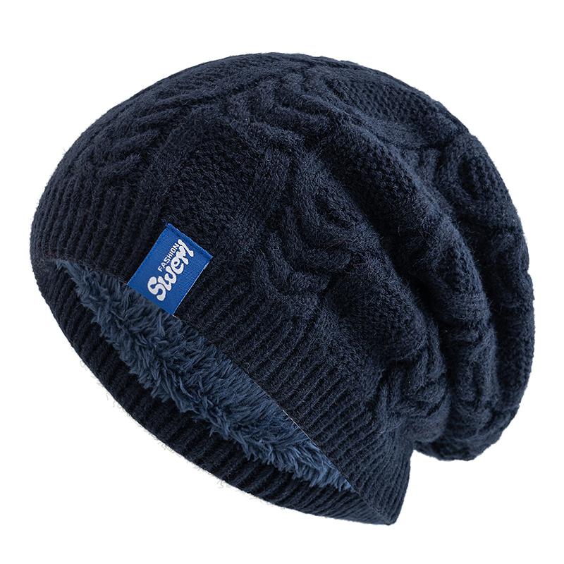 

Новые зимние шапки унисекс, модные объемные шапки-бини с флисовой подкладкой, теплые вязаные шапки для мужчин и женщин, лыжные шапки-бини 55cm-60cm темно-синий