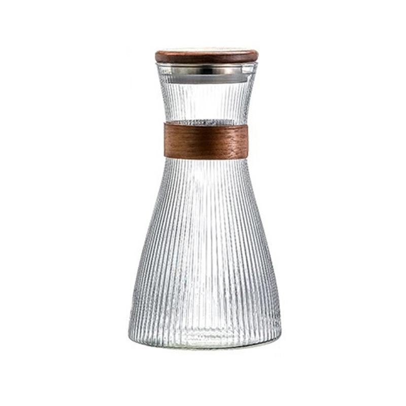 Japanese Style Glass Cold Water Jug Walnut Sleeve Heat Resistant Vertical Stripes Coffee Pot Juice Pitcher Tea Pot