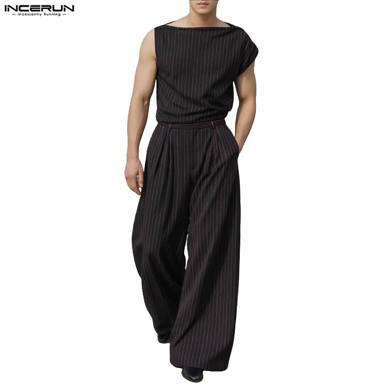 INCERUN Two Pieces Sets Men Casual Sleeveless Striped Tank Tops and Long Pants Trousers Outfits