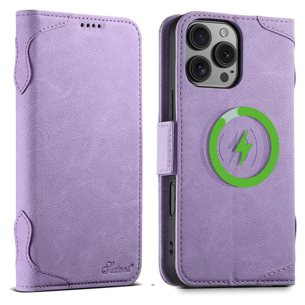 SUTENI J07 For iPhone 16 Pro Max Case Compatible with MagSafe Litchi Texture Leather Wallet Phone Cover