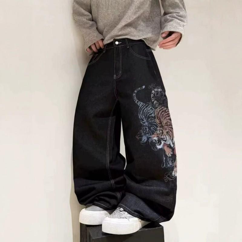 2026 High-Waisted Loose Straight Leg Denim Jeans Men Print Design Casual Streetwear