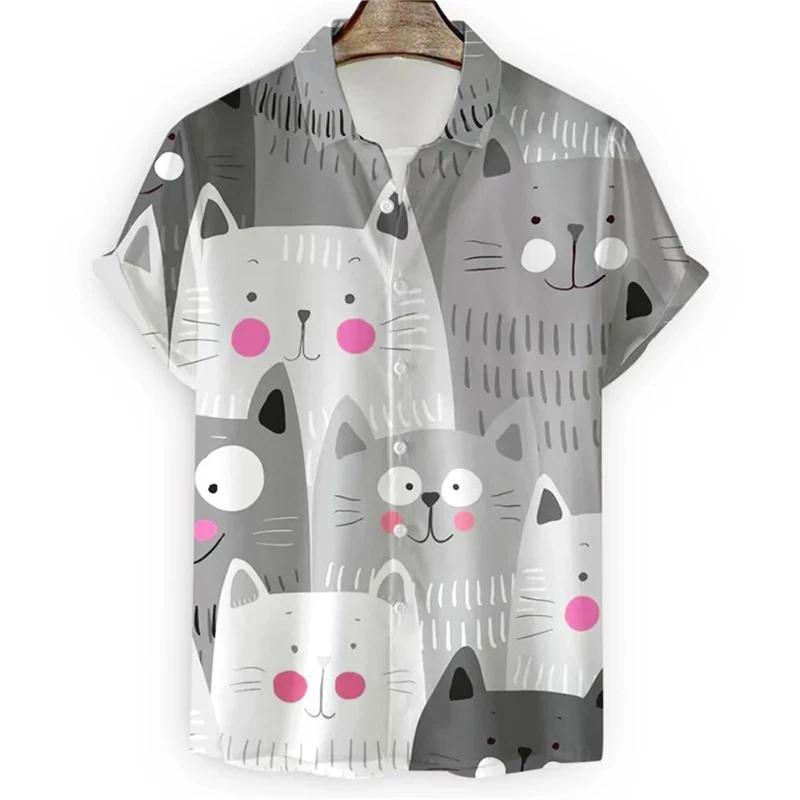 Neues Kawaii 3D Cartoon Anime Katzen Print Hemd für Herren Coole Designs Kurzarm Knopf Hawaiianische Hemden Urlaubs Strand Tops Bluse