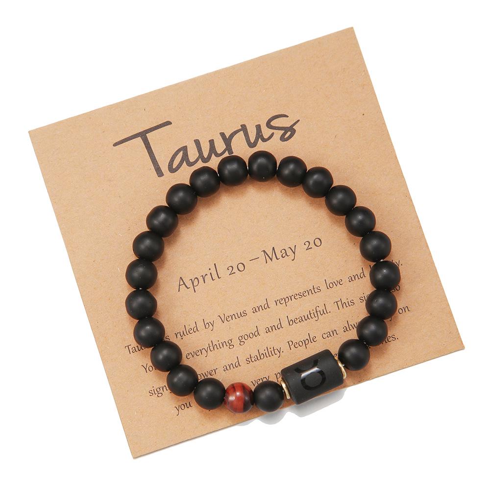 Black Matte Agate Beaded Bracelet with Zodiac Signs - Elastic Buddhist Couple Design