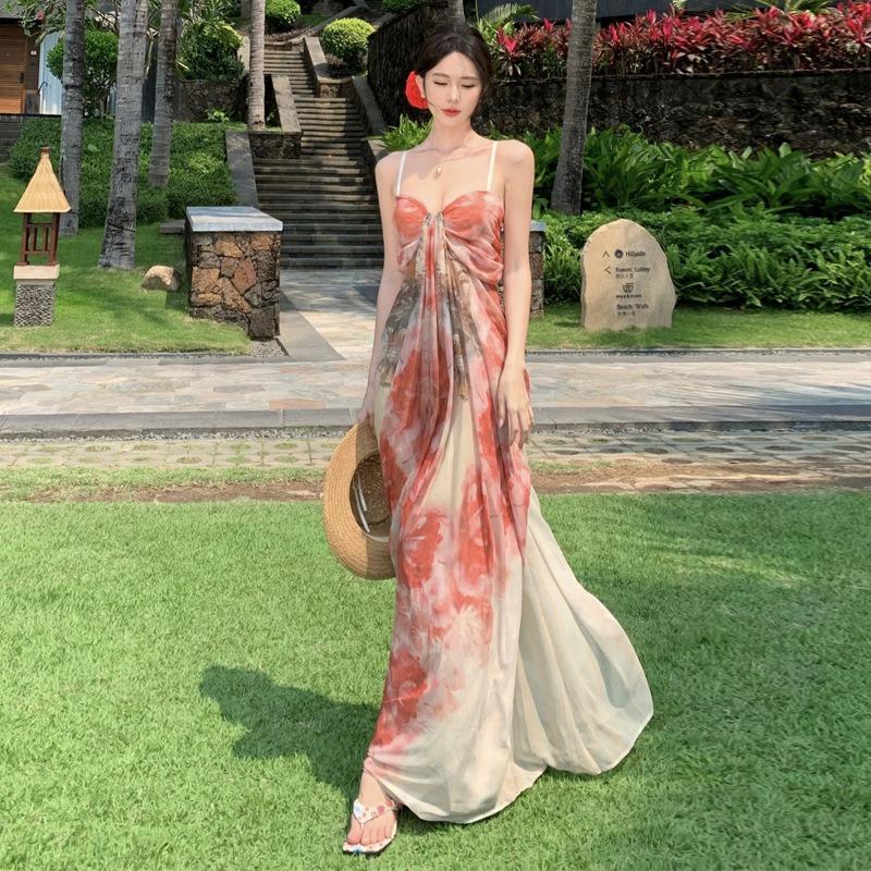 Seaside Vacation Beach Dress French Temperament Tie-dye Tube Top Dress Women's Print Suspender Skirt