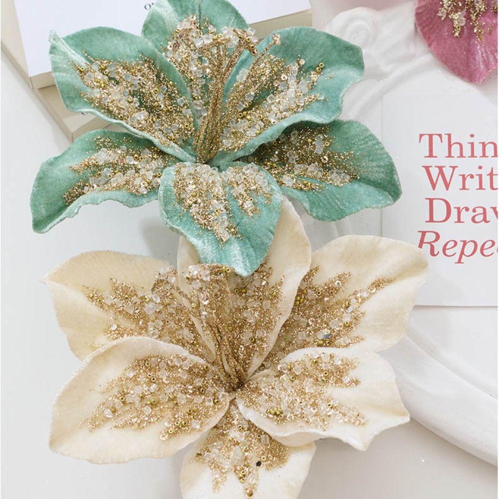 19cm Artificial Poinsettia Glitter Flower Glitter Sequin Fake Christmas Flowers Flannel Simulation 3D Simulation Flower