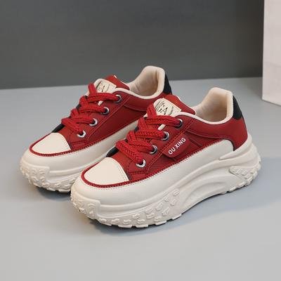 Women's Round Toe Red Comfortable Versatile Thick Soled Shoes British Style Fashionable Warm Added Fluff