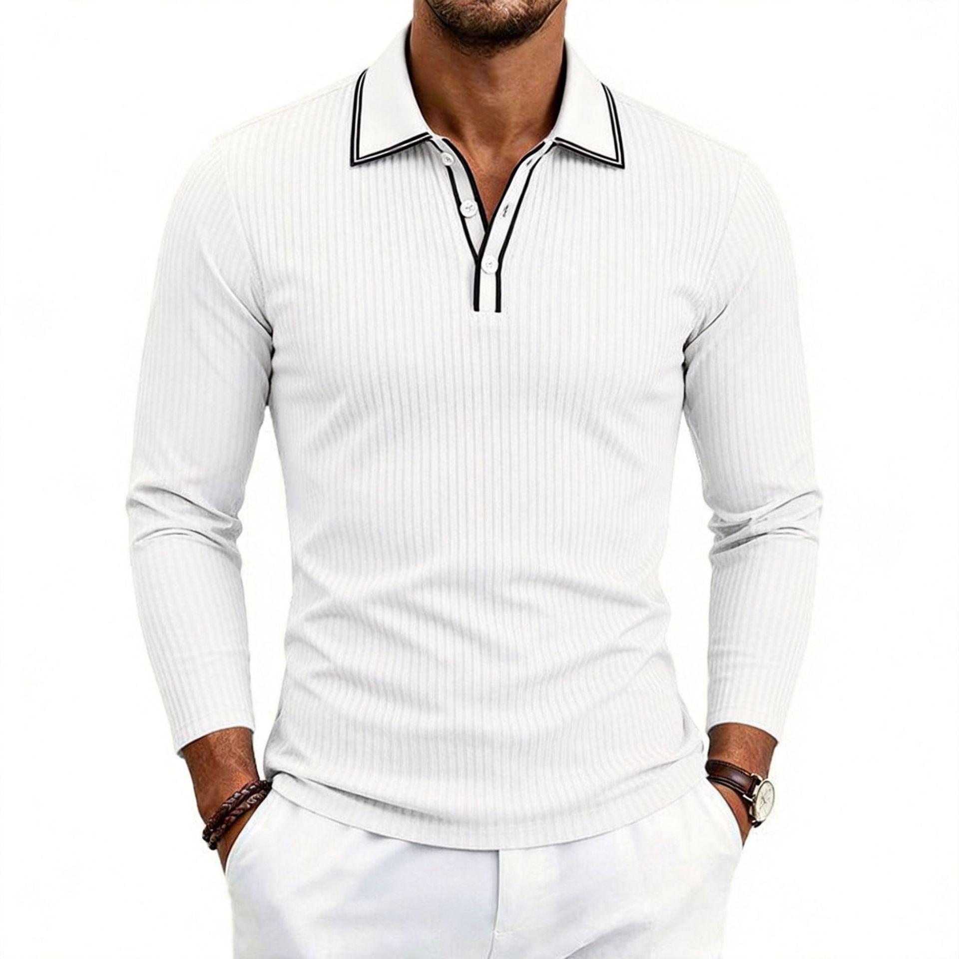 Men Contrast Collar Striped Slim Fit Long Sleeve Knit Polo Shirt S