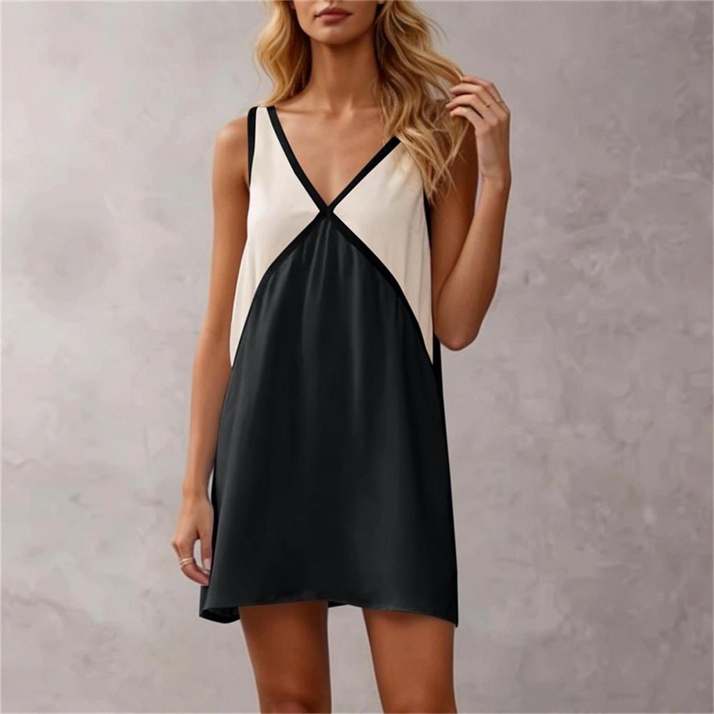 Women's Casual V Neck Loose Fit Sleeveless Dress Color Block Mini Dress Summer Beachwear Lightweight Comfortable
