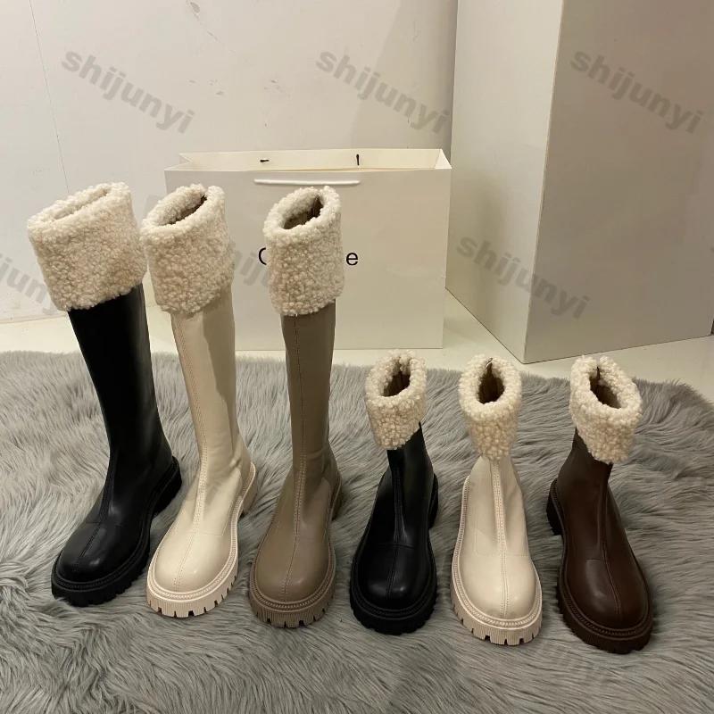 Fashion Women Winter New Soft Leather Knee Boots Ladies Fashion Outdoor Thick Soled Black Long Round Toe Knee-high Knight Boots Footwear