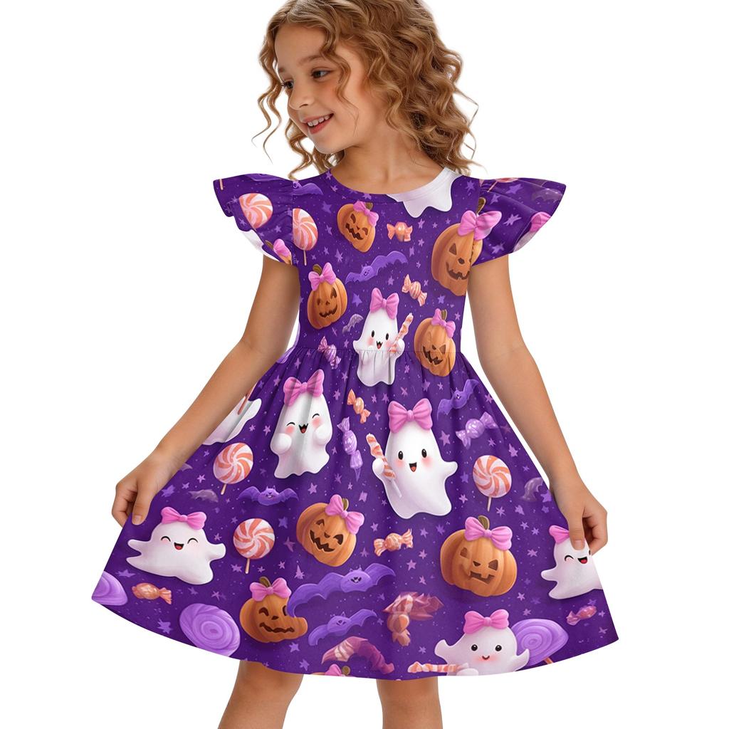 Girls Halloween Dress Flutter Sleeve Dress Ghost Print Patchwork Dress Kids Party Dress A-Line Dress for Toddler and Little Girls