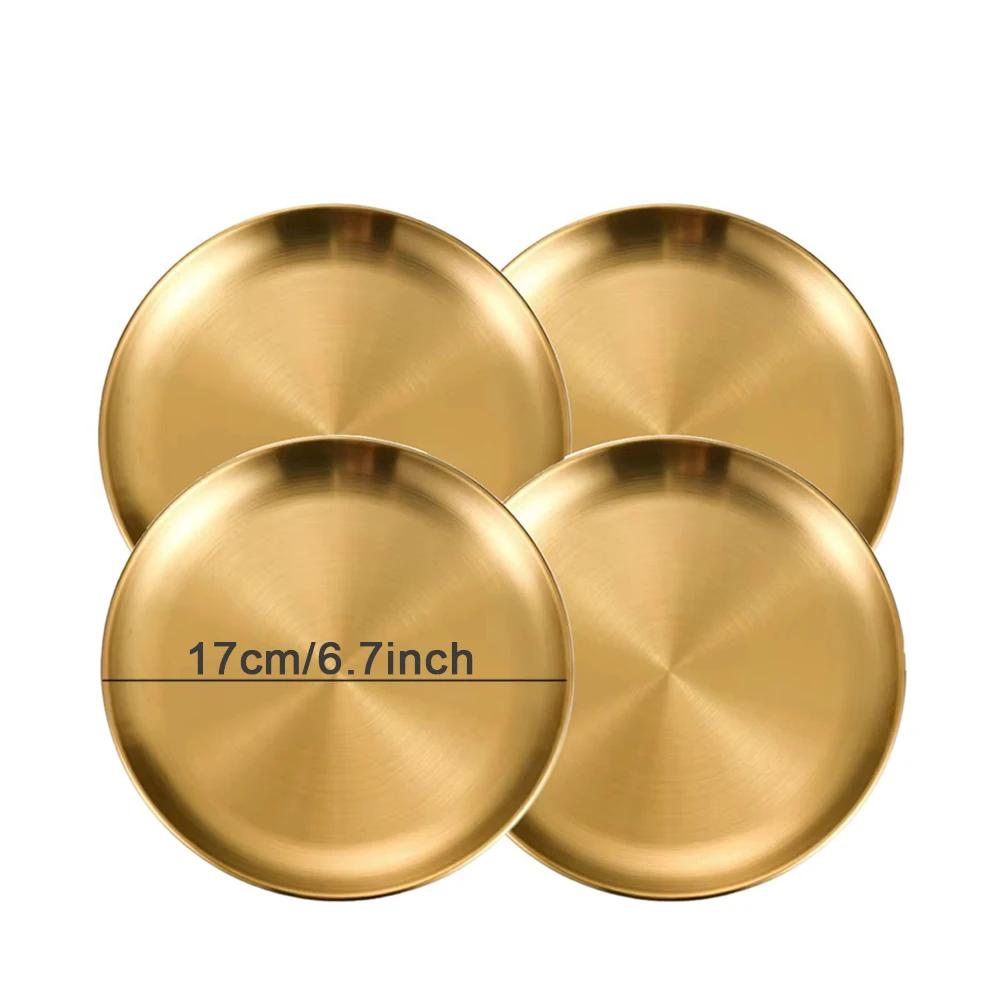 4PC Metal Dining Dish Stainless Steel Round Plate Shallow Tray BBQ Picnic Camping Food Container Tableware Dessert Plate Kitchen