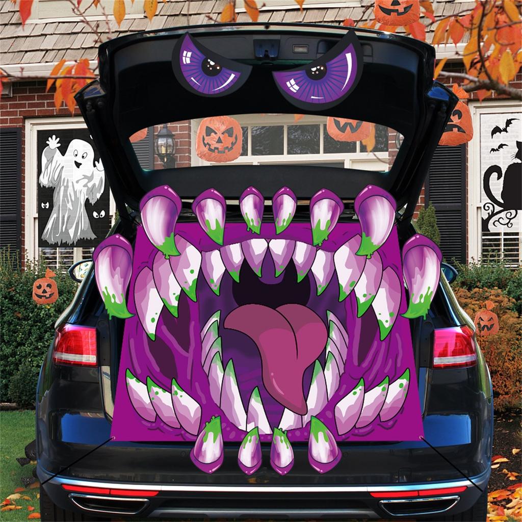 Dekorační sada - Halloweenské dekorace na auto pro SUV, Strašidelná nálepka s obličejem čarodějnice, Dekorace na auto pro venkovní garážový vchod, dveře, zeď, okno, strašidelný dům