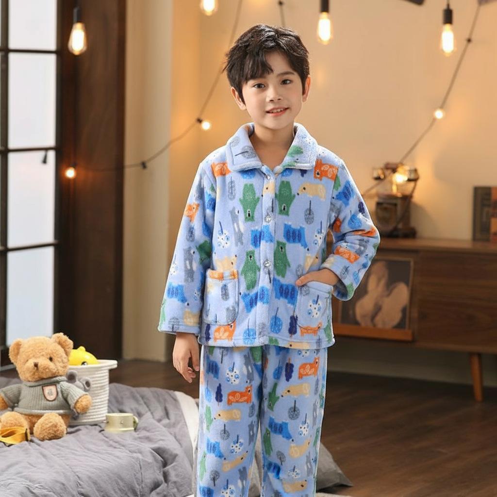 Girls' Pajamas Long Sleeve Flannel Children's Pajamas Autumn Winter Coral Fleece Boys' Baby Kids' Homewear Set