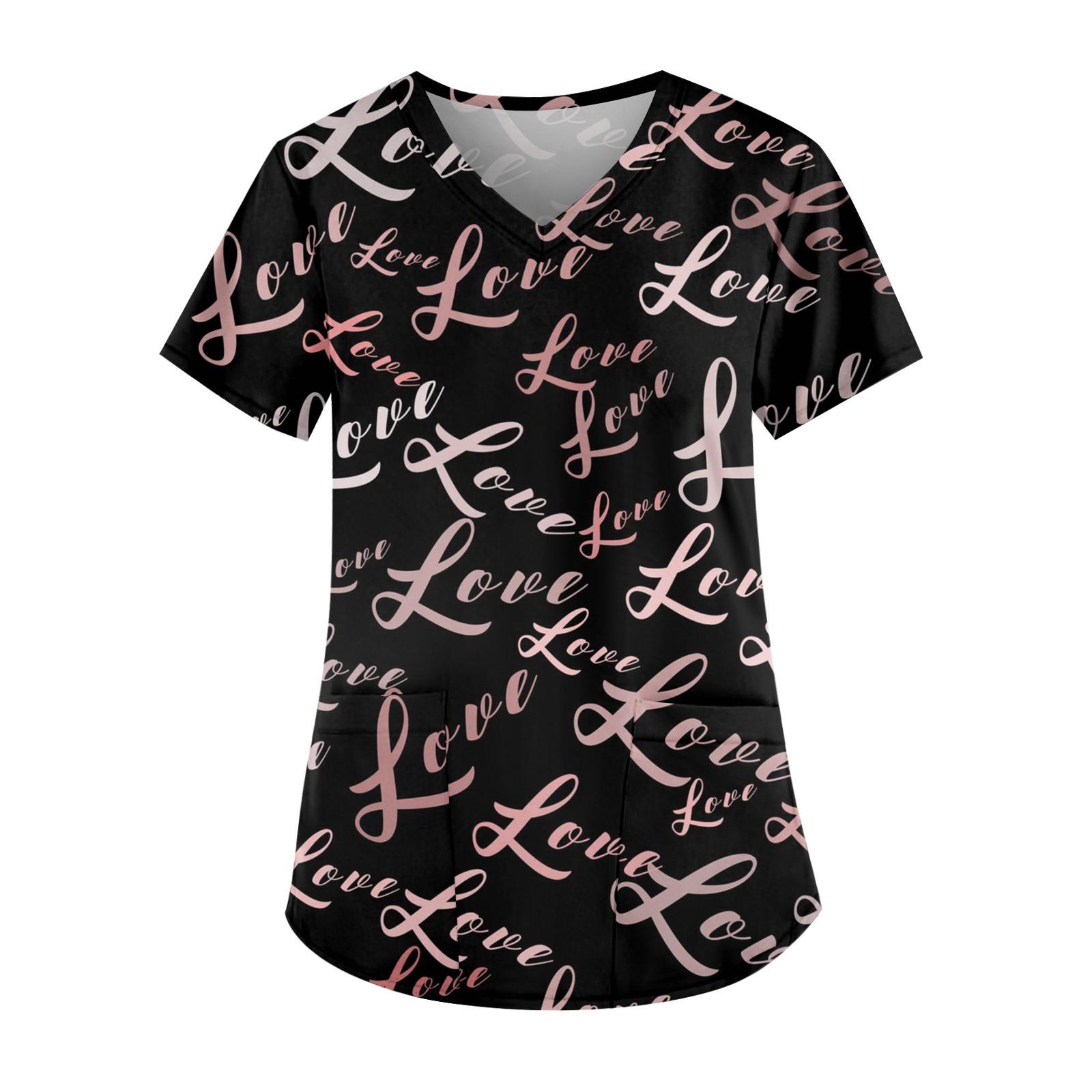 Women s Cute Printed Work Clothes V-neck Double Layer Pockets Basic Short Sleeve Top Pullover Christmas L