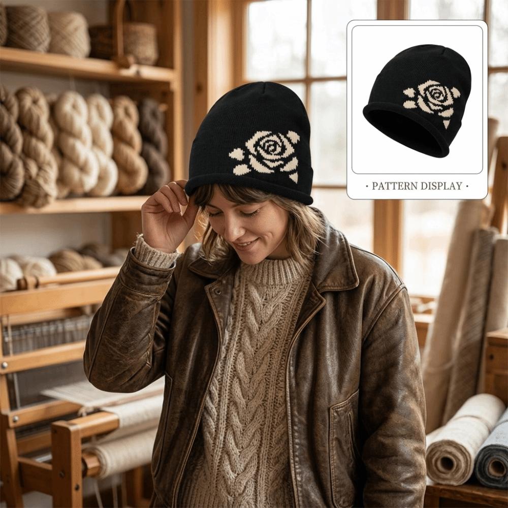 Ear Protection Warm Knitted Hat Soft Knit Rose Jacquard Beanie Winter Hat Daily Wear