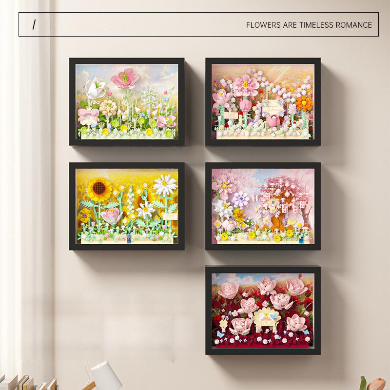 Idea Arts Micro Diamond Block Home Furnishing Nanobrick Flower World 3D Photo Frame Toy Building Brick With Light For Girl Gifts
