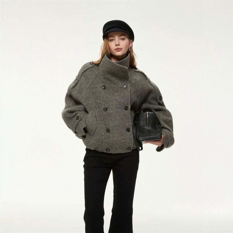2026 Winter Womens Relaxed Fit Double-Breasted Wool Blend Coat Casual Stand Collar Outerwear Daily Wear