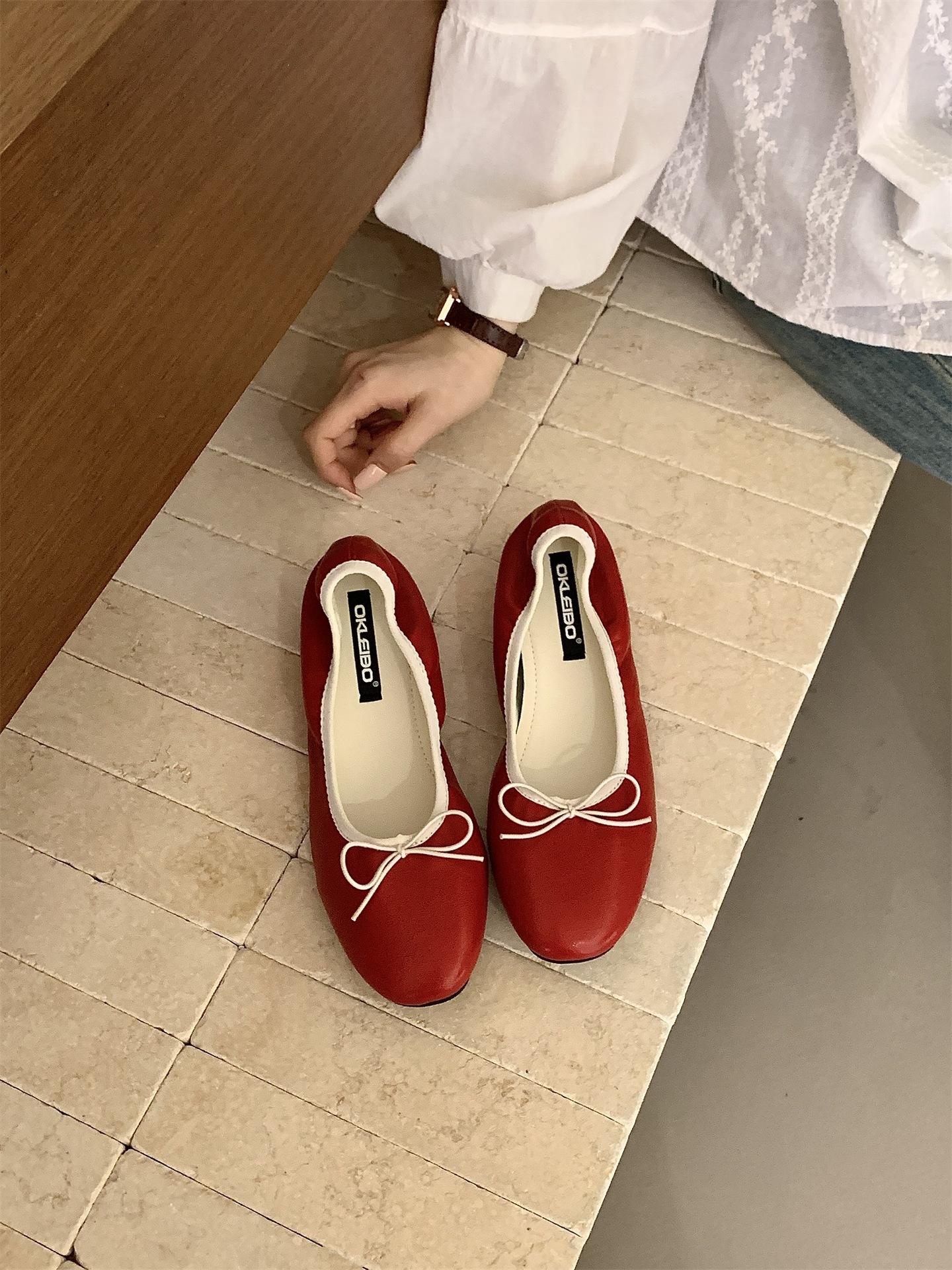 Retro Niche Inner Height-Increasing Bow Single Shoes Women S Small Fragrant Wind Shallow Mouth Pleated Ballet Shoes 35 красный 5350₽