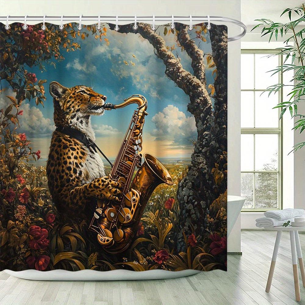 Pandara Jewelry Jazz Leopard Playing Saxophone Waterproof Shower Curtain For Modern Bathroom Decor, Stylish And Durable, Perfect For Home Use