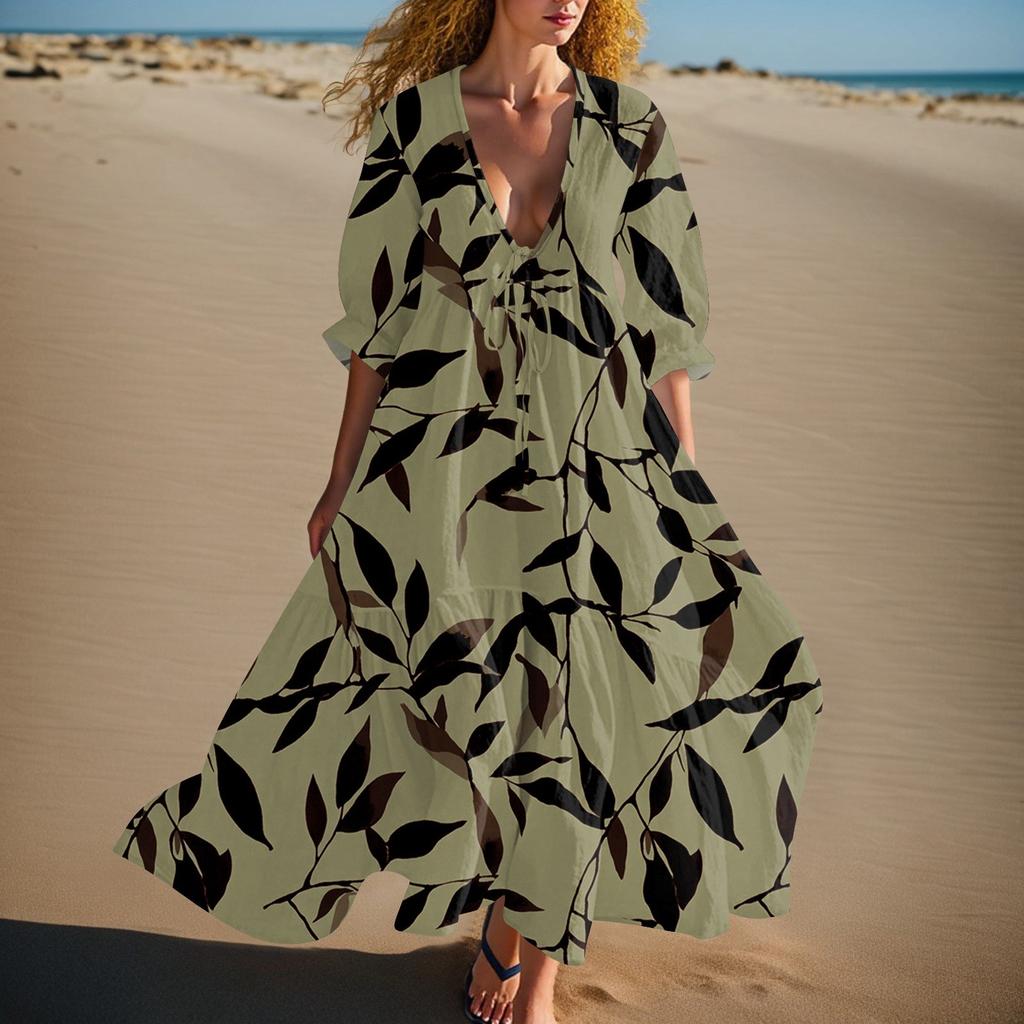 Women's Summer Fashion V-neck Retro Floral Print Short Sleeved Beach Dress With Lace Patchwork Dress
