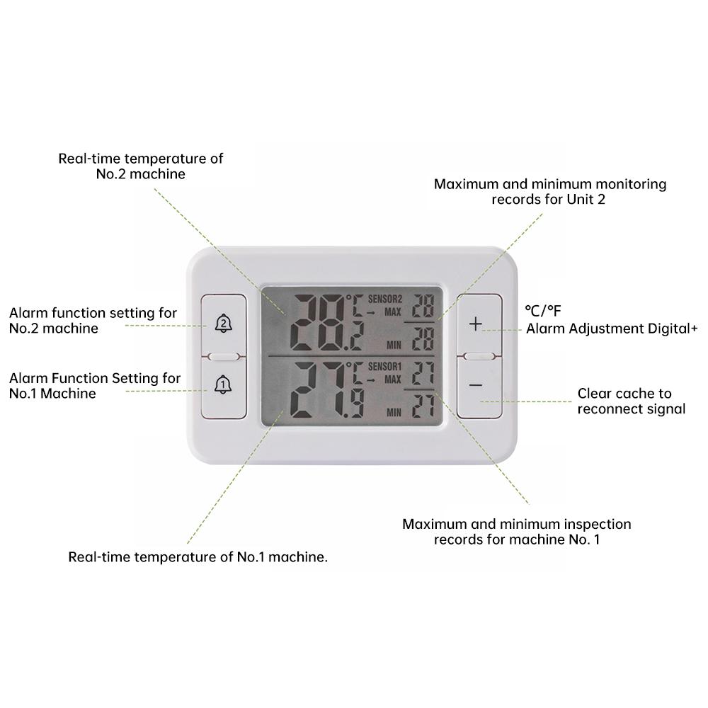 Fridge Thermometer Freezer LCD Digital Audible Alarm Refrigerator Meter with 2 Temperature Sensor Min/Max Display Indoor Outdoor