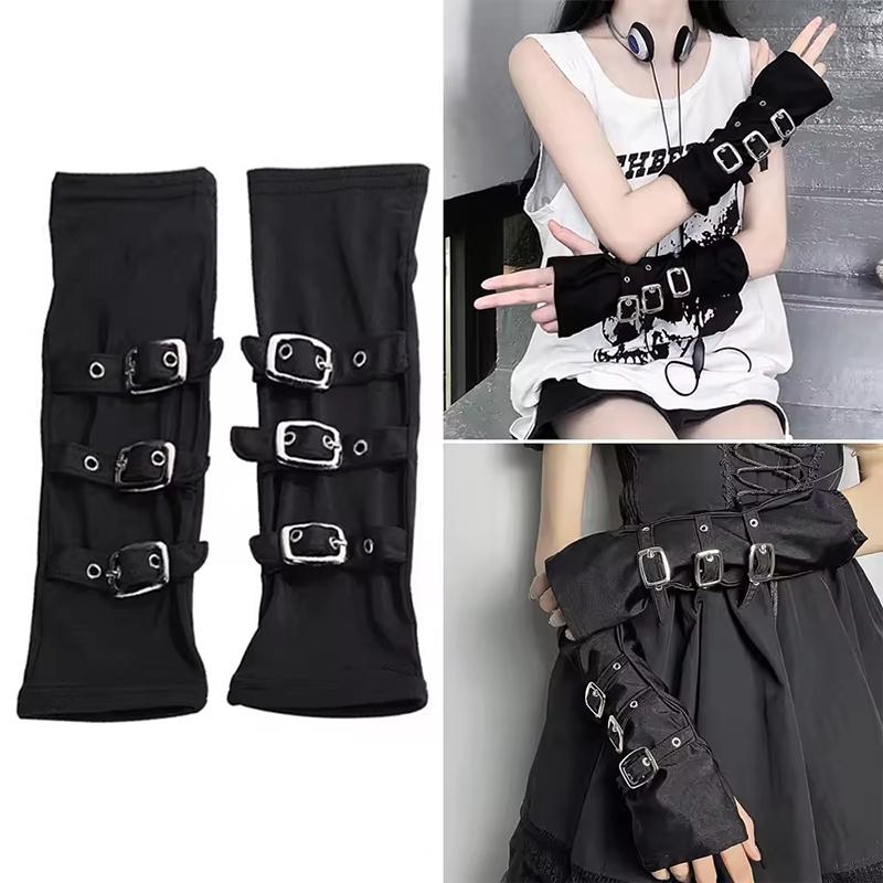 Punk Hip-hop Style Long Half Finger Gloves Women's Metal Buckle Personalized Role-playing Stage Performance Elastic Party Gloves