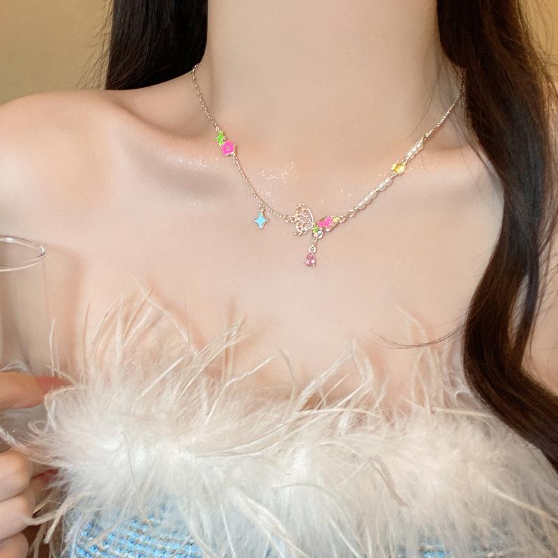 Dopamine Color Butterfly Pearl Necklace Female Sweet Design Clavicle Chain Unique Personality Neck Chain Accessories