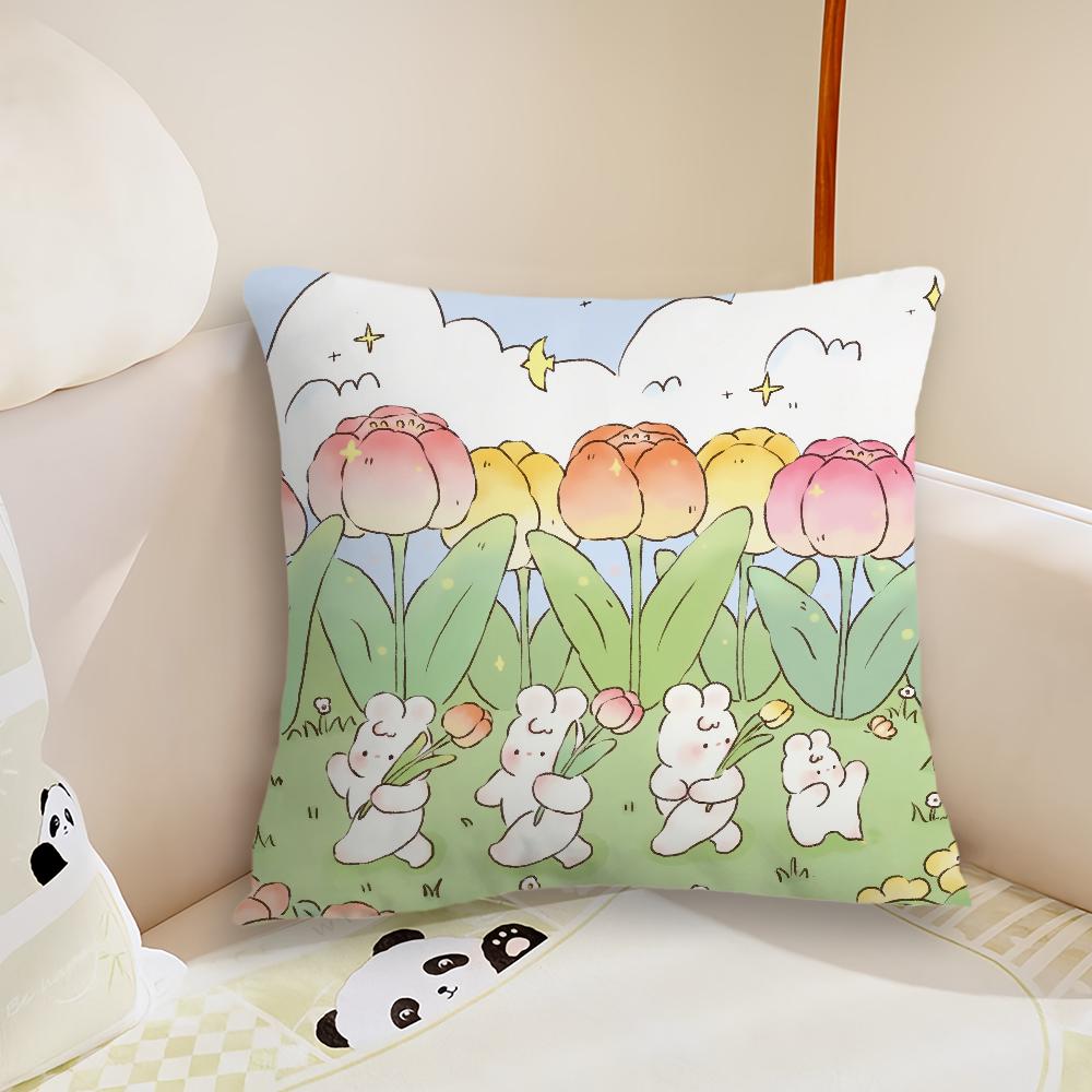 Tulip Illustration Rabbit Cushion Cover Pillow Case Plush Fabric Soft Double Sided Print Sofa Cushion Cover Throw Pillow Covers