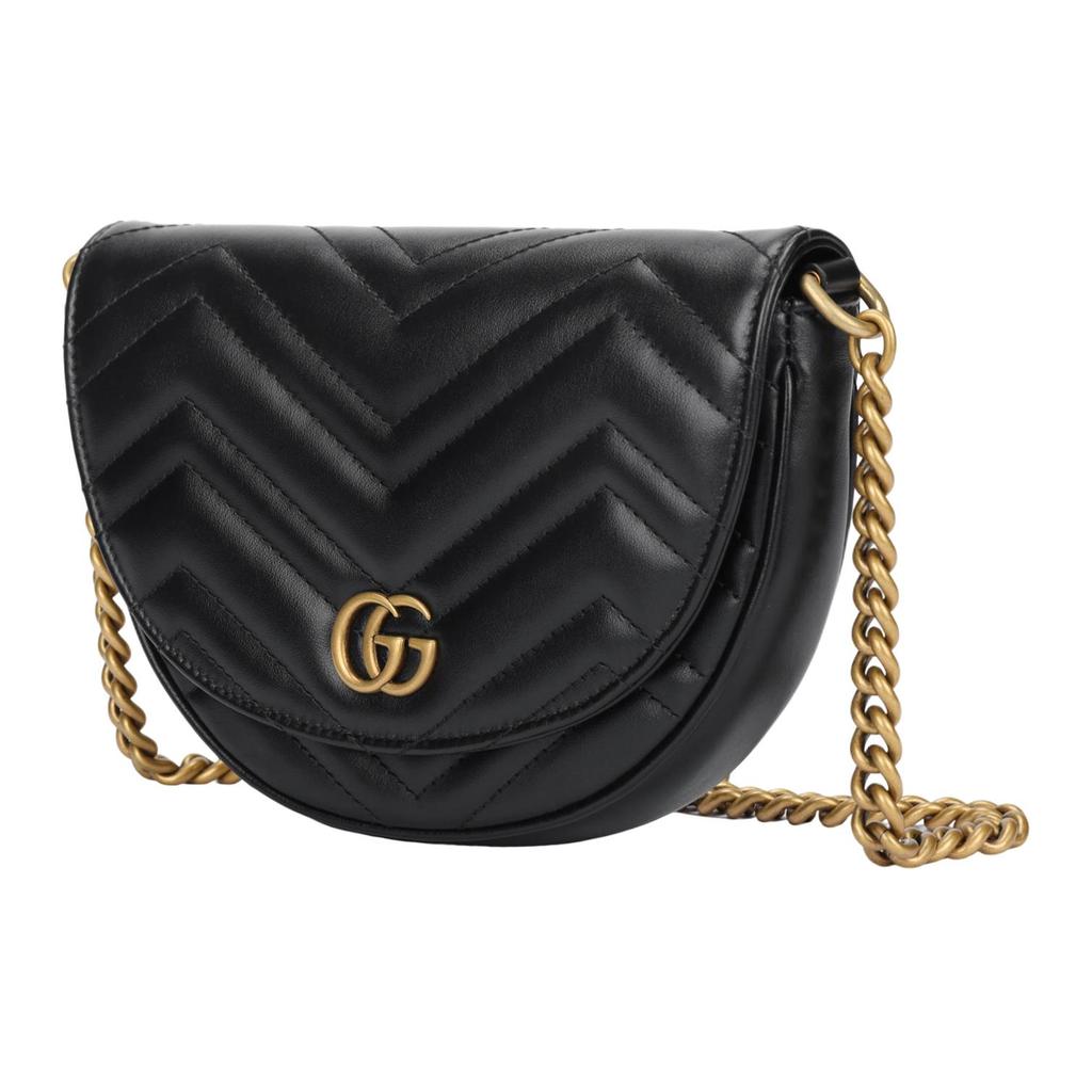 Gucci Marmont Gold Vintage Double G With Key Ring Quilted Leather Saddle Bag Chain Bag Single Shoulder Messenger Bag Mini Women'S Black