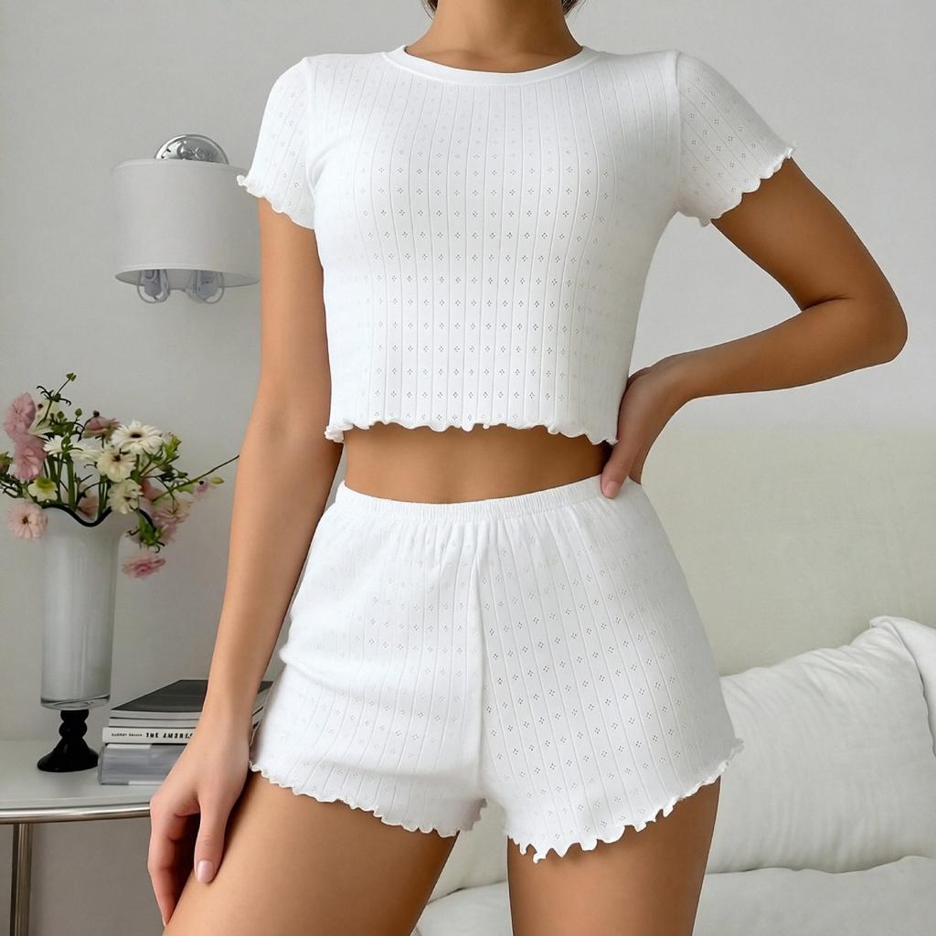 1011 European and American fashion casual set, jacquard wood ear edge, slim fit, elegant home round-neck short-sleeve short-sleeve shorts two-piece
