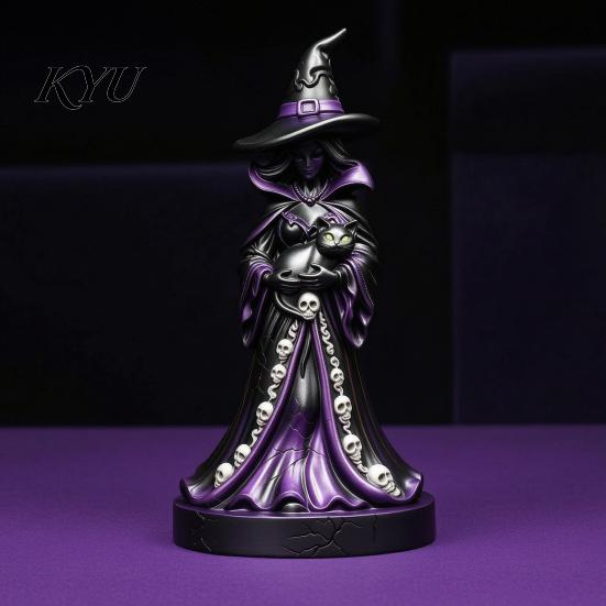 Skull Pattern Table Centerpiece Lighted Witch Figurine, Holding Black Cat Statue, Gothic Stable Base Figurine Sculpture with LED Lights for Halloween