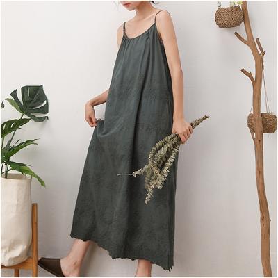 Sleeveless Spaghetti Strap Embroidery Dresses Summer Mori Vintage Solid Color Render Women Dress