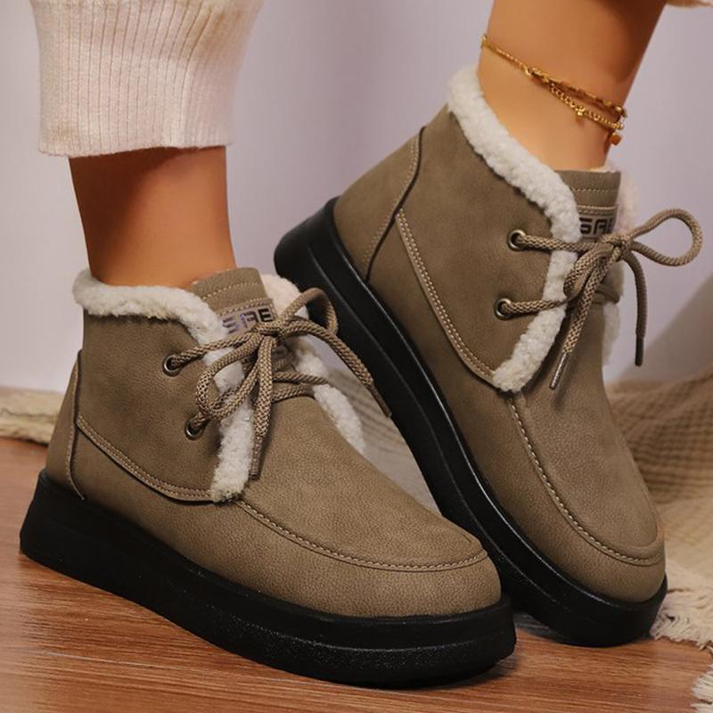 Fashion Retro Fleece Thick Warm Ankle Boots Women Lace Up Platform Snow Boots Woman Winter Pu Leather Short Plush Booties Female