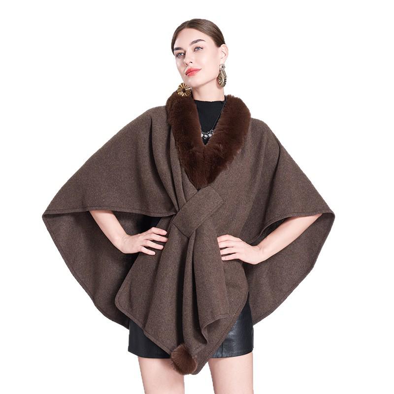 Autumn/Winter Knitted Scarf Shawl Cape with Fur Collar and Pom-Poms (Style 0962#)