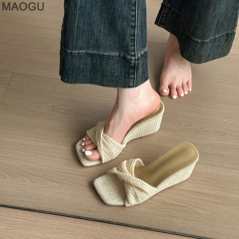 Wedges Heel Women's Fashion Slippers Square Toe Slip On Platform Shoes Pantuflas Mujer Ladies Elegant Casual Slides Beige Brown