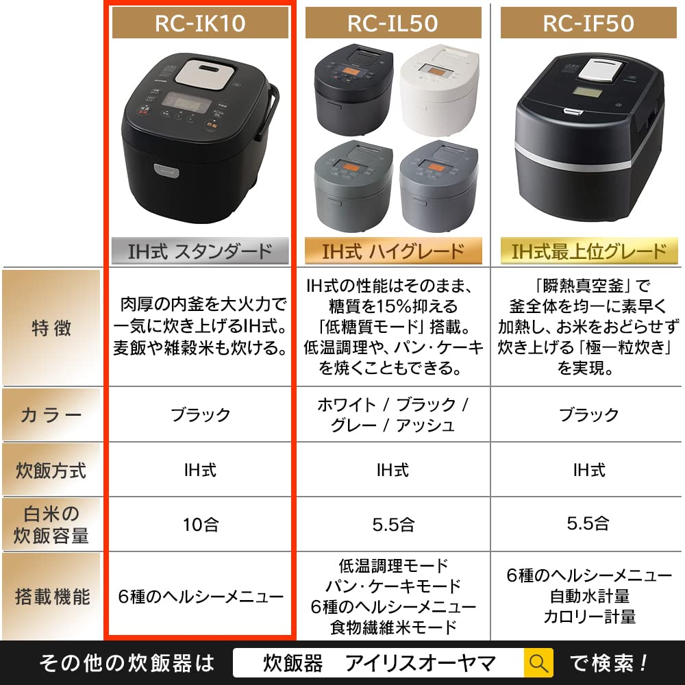 IRIS OHYAMA Rice Cooker 10 Cups 1 Sho IH Type 40 Different Types of Cooking Function Extra Thick Pot Brown Rice Black RC-IK10-B