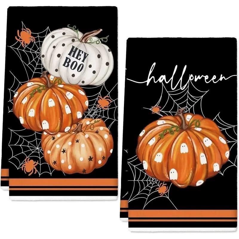 2PCS Black Cat Pumpkin Ghost Halloween Kitchen Towels Dish Towels, 40*60cm Reusable Absorbent Hand Towels for Kitchen Bathroom