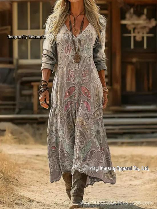 2026 Spring Retro V-neck Long-sleeved Plus Size Dress