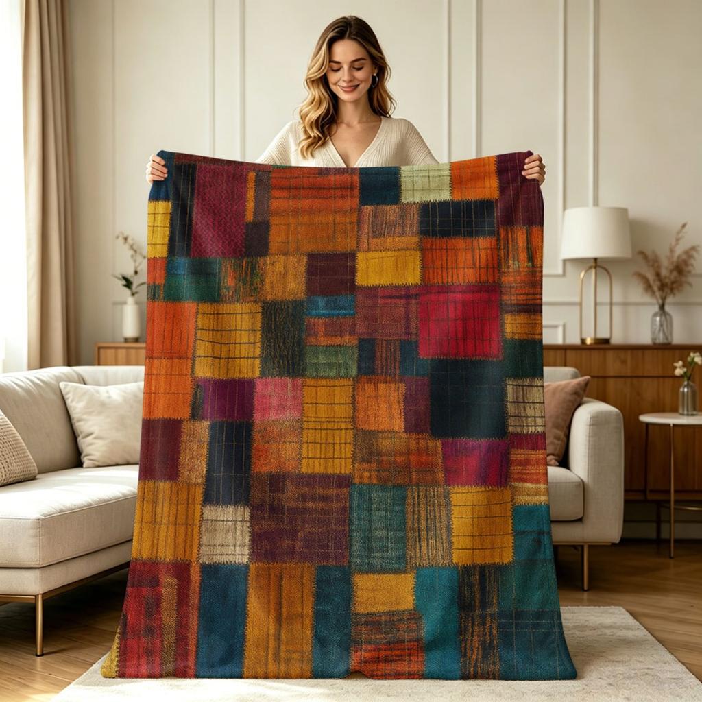 Soft Warm Flannel Patchwork Print Blanket All Season Use for Sofa Couch Bedroom Office Home Living Room Transitional Throw Blanket for Relaxing Nappin