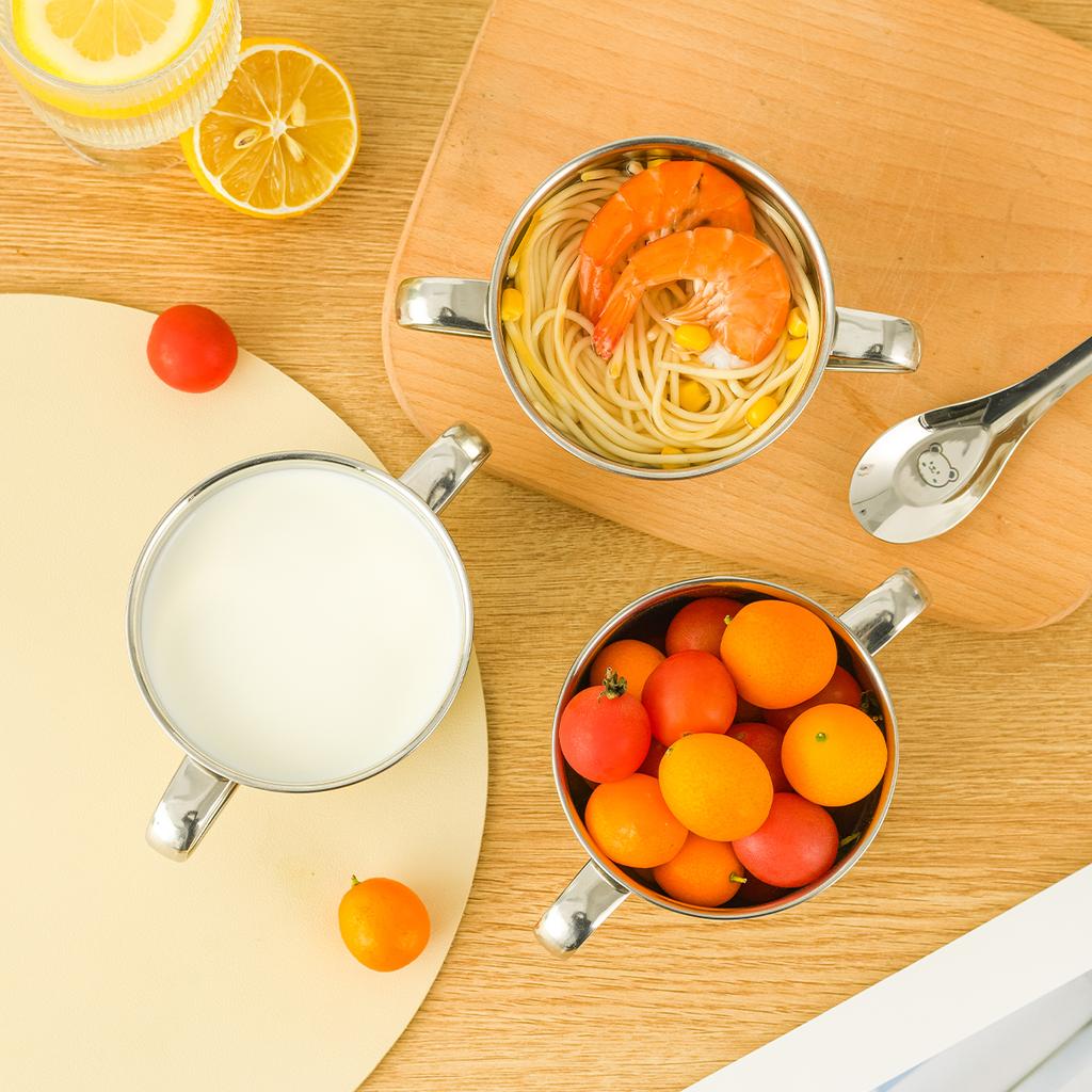 Bol pentru copii drăguț de 400 ml cu mâner dublu, bol pentru orez din oțel inoxidabil 304, bol pentru supă anti-opărire, set de veselă de bucătărie