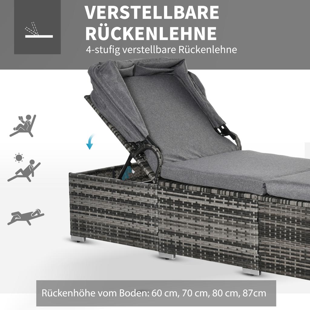 Sun Lounger Made of Poly Rattan with Sun Canopy Garden Lounger Adjustable Rattan Lounger Garden Furniture Lounger with Cushion Grey 195 x 65 x 40 cm