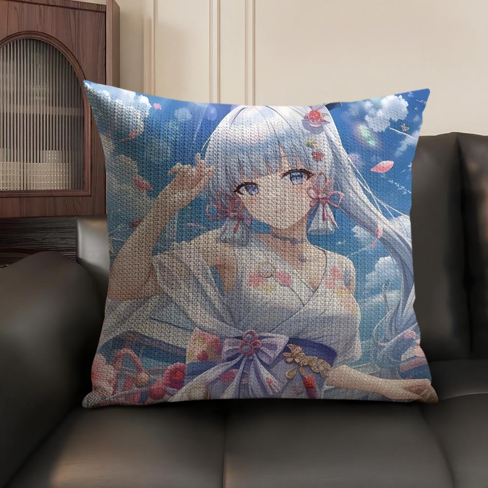 Kamizato Ayaka Genshin Impact Cushion Cover Natural Linen Organic Fabric DoubleSided Printing Sofa Home Decor Gift Pillow Case