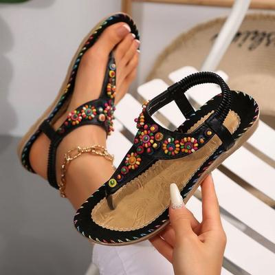 Sandales plates style ethnique à perles pour femmes, à clip pour le pied, forme d'arête de poisson, chaussures plates à talon plat pour femmes