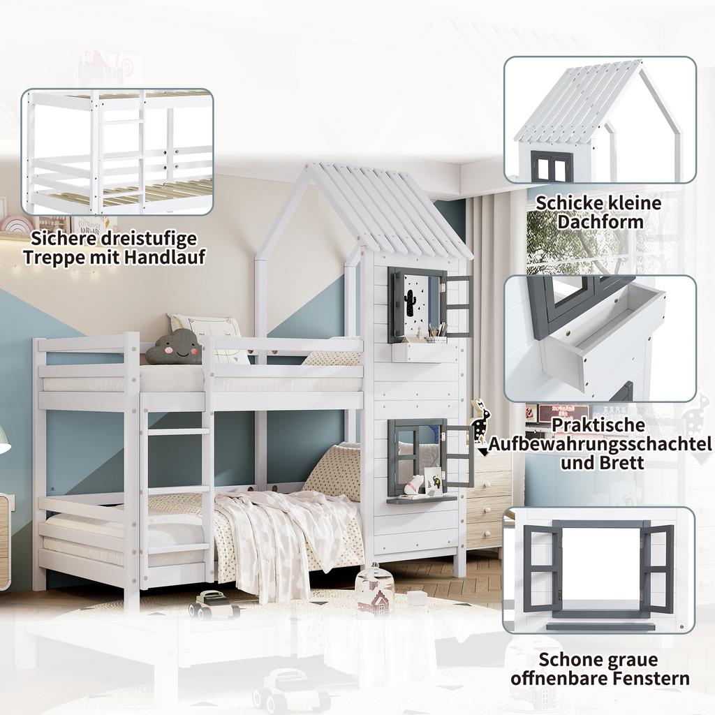 [29590567WAA]Bunk Bed with Handrail and Window, House Bed, Children's Bed with Fall Protection and Guard Rail, Pine Frame, White (90x200cm)